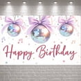 thumbnail image 3 of Sparkly Banner Disco Ball Birthday Party Display Purple Bow Star Pattern Disco Ball Backdrop for Birthday Party Indoor Celebration Photo Backdrop, 3 of 9