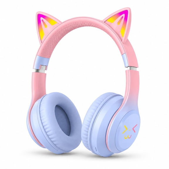 LUEYL Kids Bluetooth Headphones with LED Cat Ears, 74/85dBA Volume Limit, Built-in Mic, Foldable Over-Ear Wireless or 3.5mm Wired Headset for School, Travel, Music and Gaming, Pink and Blue