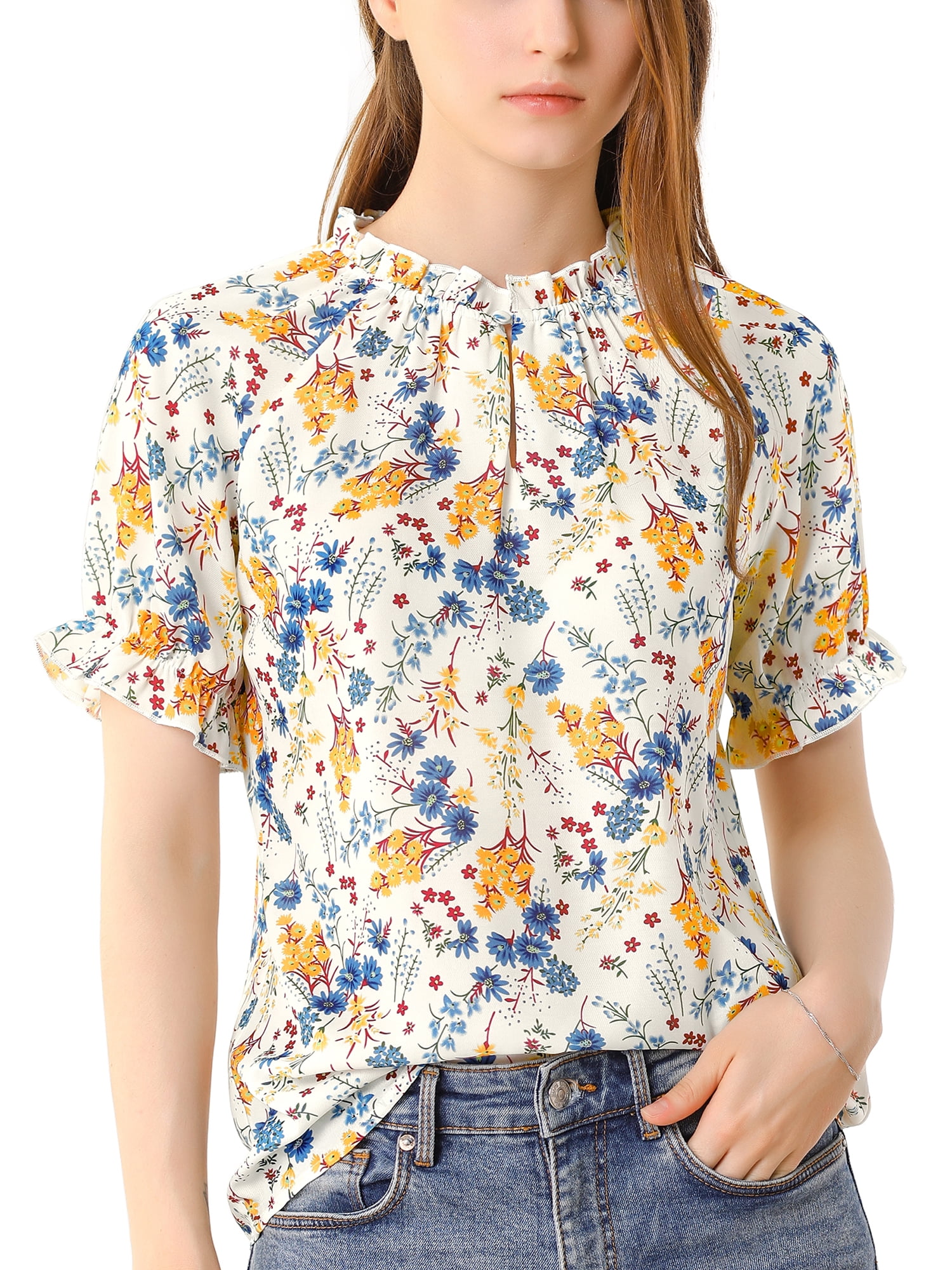 DARING DIVA Women's Floral Ruffled Neck Short Sleeves Top Blouse XS White Blue