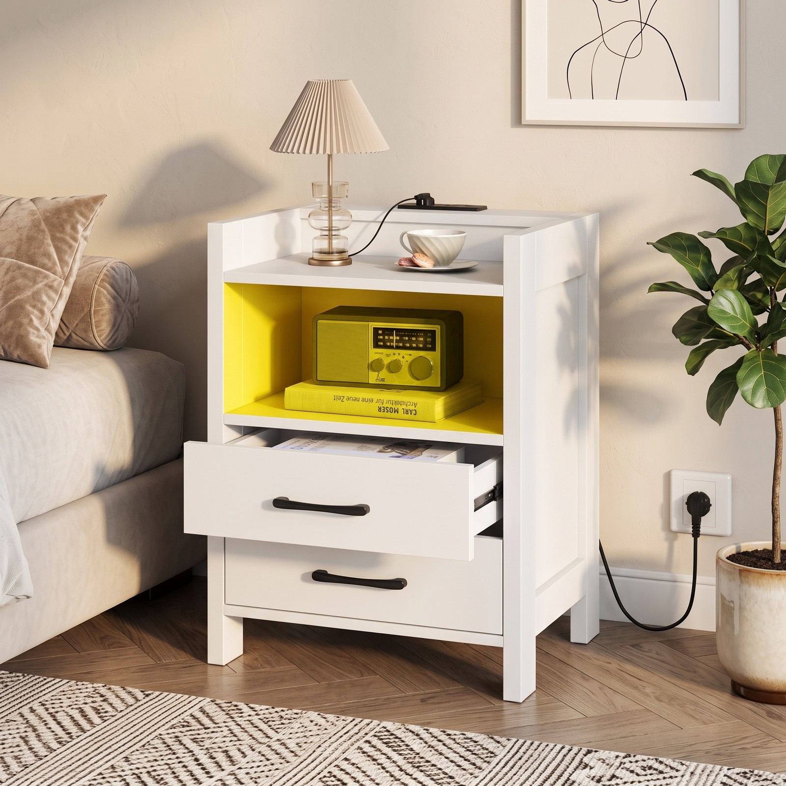 Furnibear 23.5 Inch Nightstand with Charging Station, USB & Type-C Ports, RGB LED Light, 2 Drawers and Open Storage Shelf, Modern Bedside Table for Bedroom, White