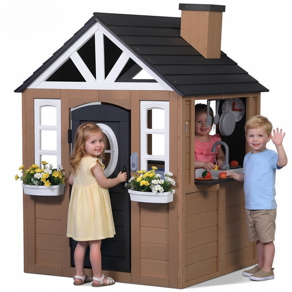 Sunnyfree Outdoor Playhouse for Kids, Wooden Playhouse with Doorbell, Phone, and Kitchen Toys, Ages 3 to 8
