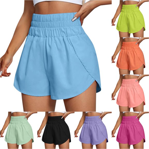 Rggeeun Womens Shorts Solid Color Flowy Quick-Dry 4-Way Stretch Summer Workout Elastic Waist Ruffle Hem Lightweight for Yoga Outdoor Activities Cute Bottoms,Blue,M