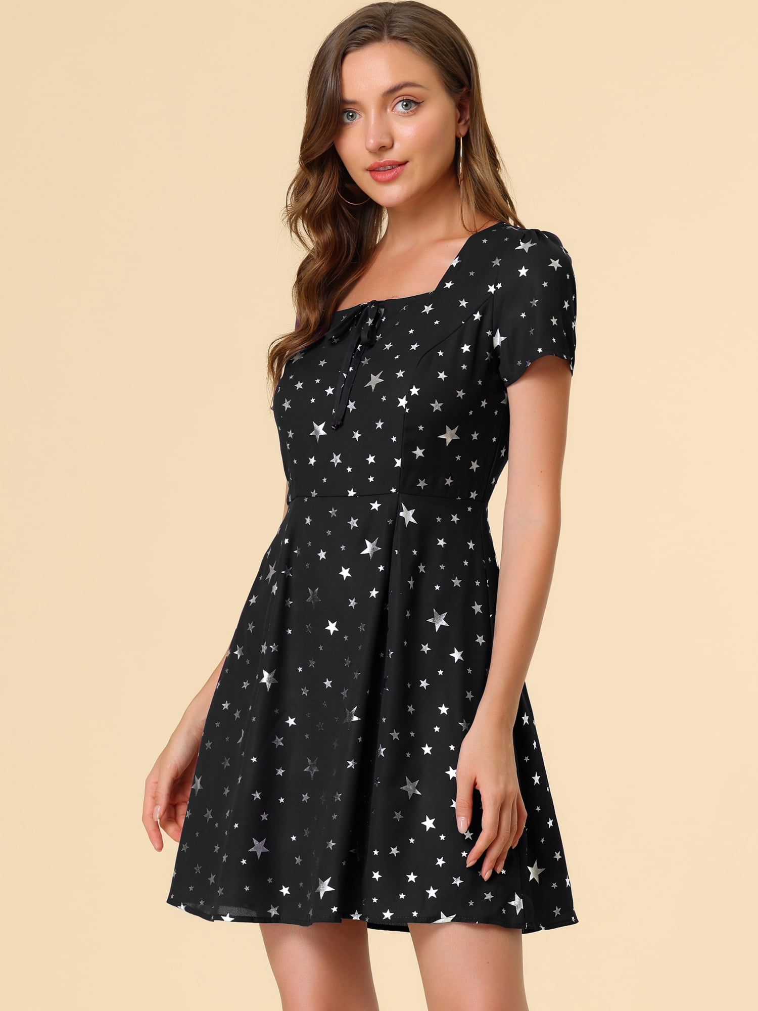 DARING DIVA Square Neck Short Sleeve Print A-Line Dress S Black-Stars