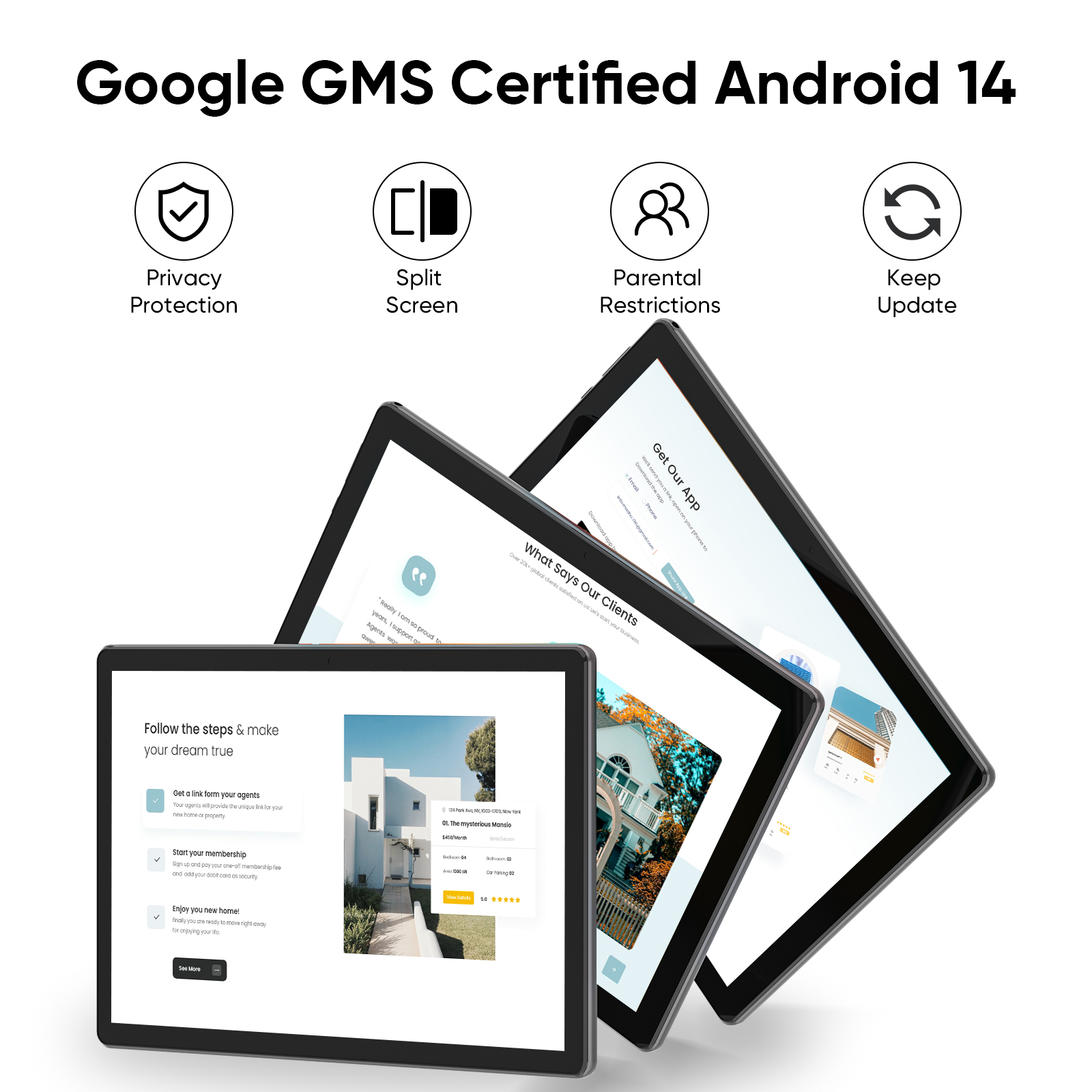 Tablet 10 inch Android 14 Tablets, 6GB RAM 64GB ROM 1TB Expand, Quad-Core Processor, 1280x800 LCD Touch Screen, WiFi 5, Dual Camera, BT5.0, 6000mAh Battery