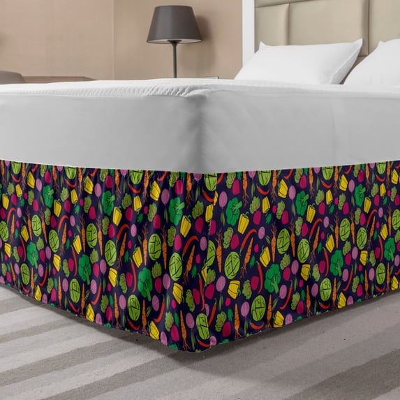 Vegetables Bed Skirt, Colorful Cartoon Pattern of Onion Carrot Broccoli Radish Cabbage Pepper, Elastic Bedskirt Dust Ruffle Wrap Around for Bedding Decor, 4 Sizes, Indigo Multicolor, by Ambesonne