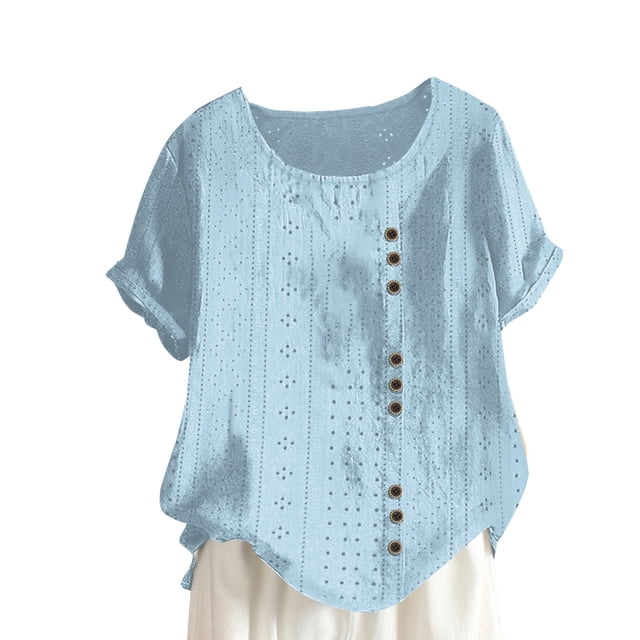 Birdeem Blouses pour Femmes Mode Féminine Couleur Unie Confortable Ample Manches Courtes Blouse Boutonnée Col Rond Décontracté