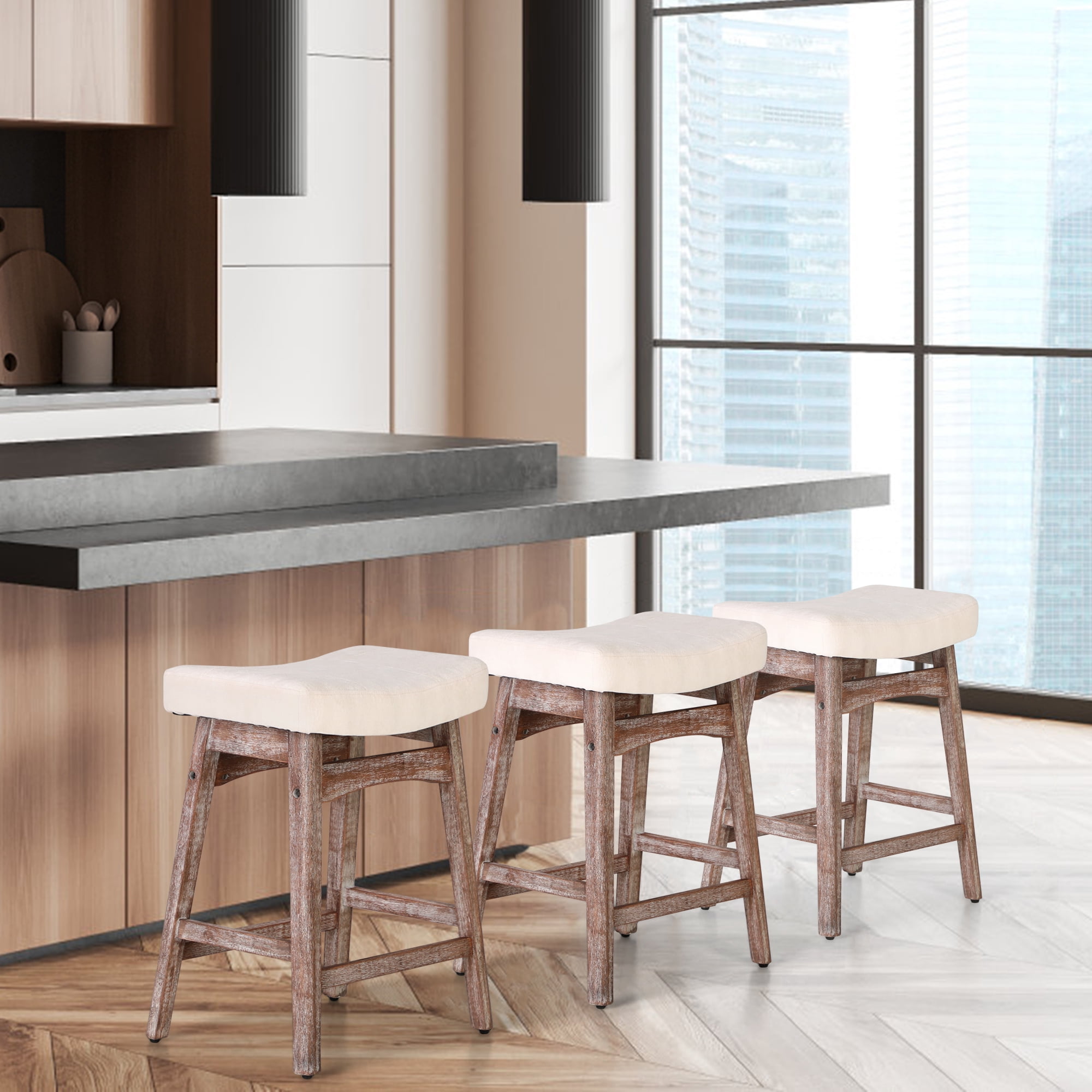 Summit Living 24 inch Wooden Backless Counter Height Bar Stools Set of 3, Linen Saddle Stools Chairs for Kitchen, White