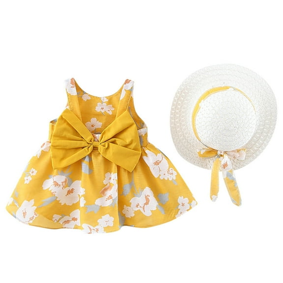 Zanarzt Princess Dresses Summer Dress Toddler Baby Girls Floral Flowers Princess Dress Hat Outfits Clothes Yellow,6-12 Months