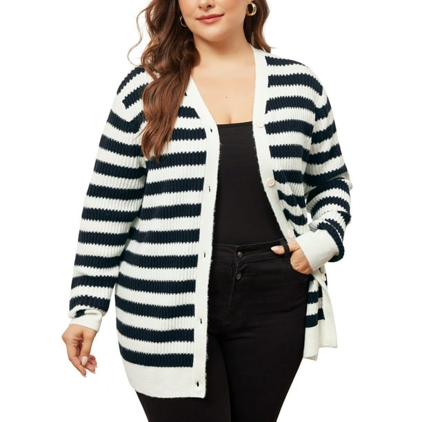 Suéter de cárdigan de talla grande Agnes Orinda para mujeres, con cuello en V, botones frontales, de manga larga, cárdigans de punto a rayas 2X azul