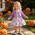 thumbnail image 5 of Y-Sunset Girls 3 Piece Halloween Outfit Set, Purple Ruffle Long Sleeve Cardigan Pumpkin Print Sleeveless Dress Matching Bow Headbandy(Purple/3-6 Months), 5 of 9