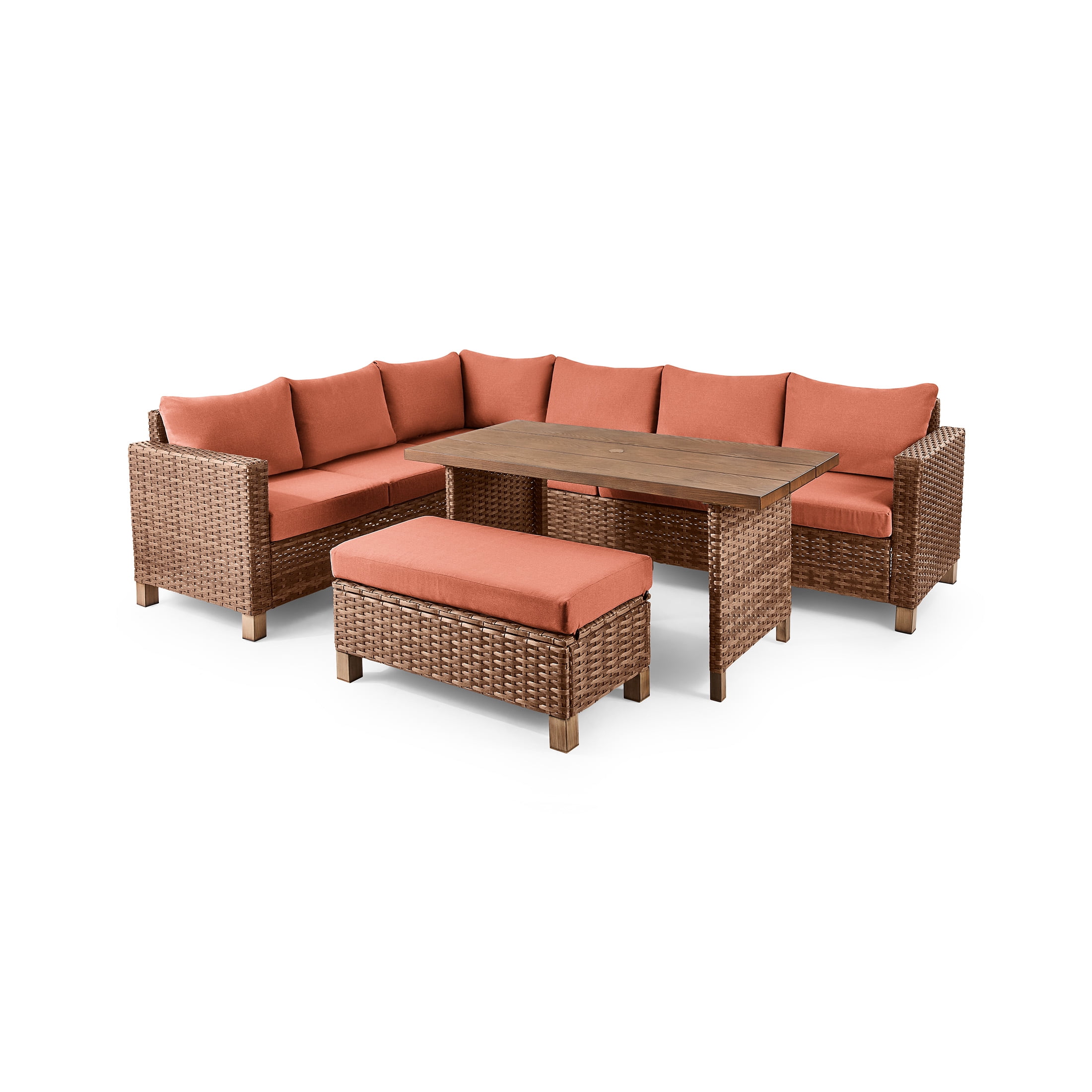 Better Homes & Gardens Brookbury 4-Piece Outdoor Wicker Patio Sectional Dining Set, Terracotta Cushions