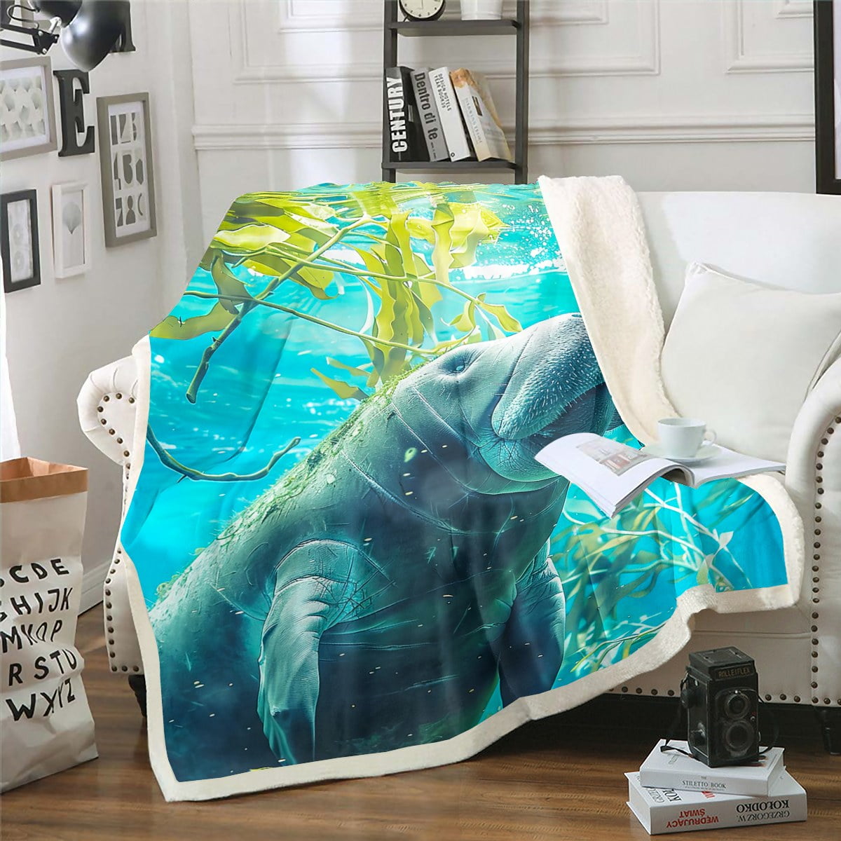 YST Cute Manatee Throw Blanket for Boys Girls 3D Manatee Fleece Blanket for Manatee Lovers Underwater Oasis Fuzzy Blanket Hawaii Nautical Marine Life