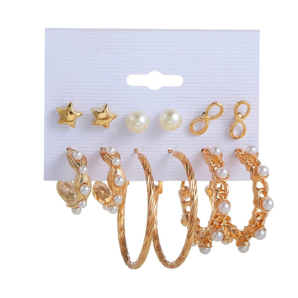 VFlowee Gold Jewelry Set With 1 PCS Layered necklace,6 Pair Ball Dangle  Hoop Stud Earrings Women Teen Girls Jewelry for Birthday Party Gifts