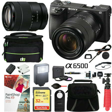 Sony ILCE-6500M/B a6500 4K Mirrorless Camera (Black) with 18-135mm F3.5-5.6 OSS APS-C E-mount Zoom Lens Pro Photograpy Bundle Including Carry Case 32GB SDXC Memory Card and Deluxe Accessory Package (Best Aps C Mirrorless Camera 2019)