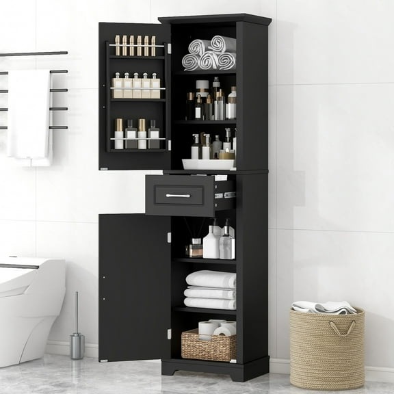 GDF Studio 72.5" Bathroom Storage Cabinet, Freestanding with Doors, Drawer, Adjustable Shelves, Black