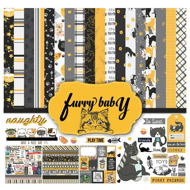 Inkdotpot Black & Yellow Cat Theme Collection Double,Sided Scrapbook Paper Kit Cardstock 12"x12" Card Making Paper Pack Of With Sticker Sheet - 16 Pages - Black & Yellow