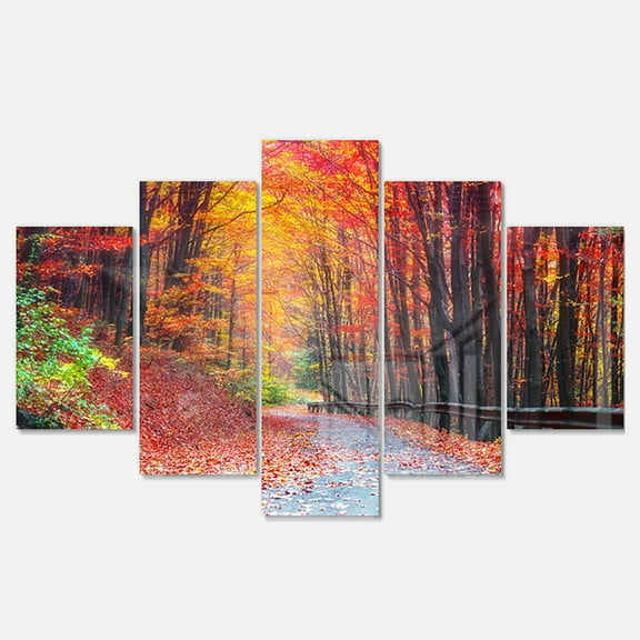 Designart 'Road in Beautiful Autumn Forest ' Multipanel Modern Forest Extra Large Metal Wall Arts