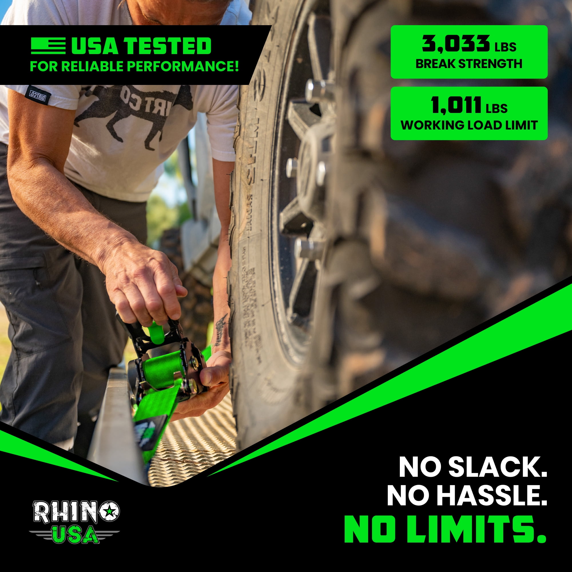 Rhino USA Heavy Duty 2" x 10' Retractable Ratchet Straps 3,033lb Break Strength (Green 4 Pack)