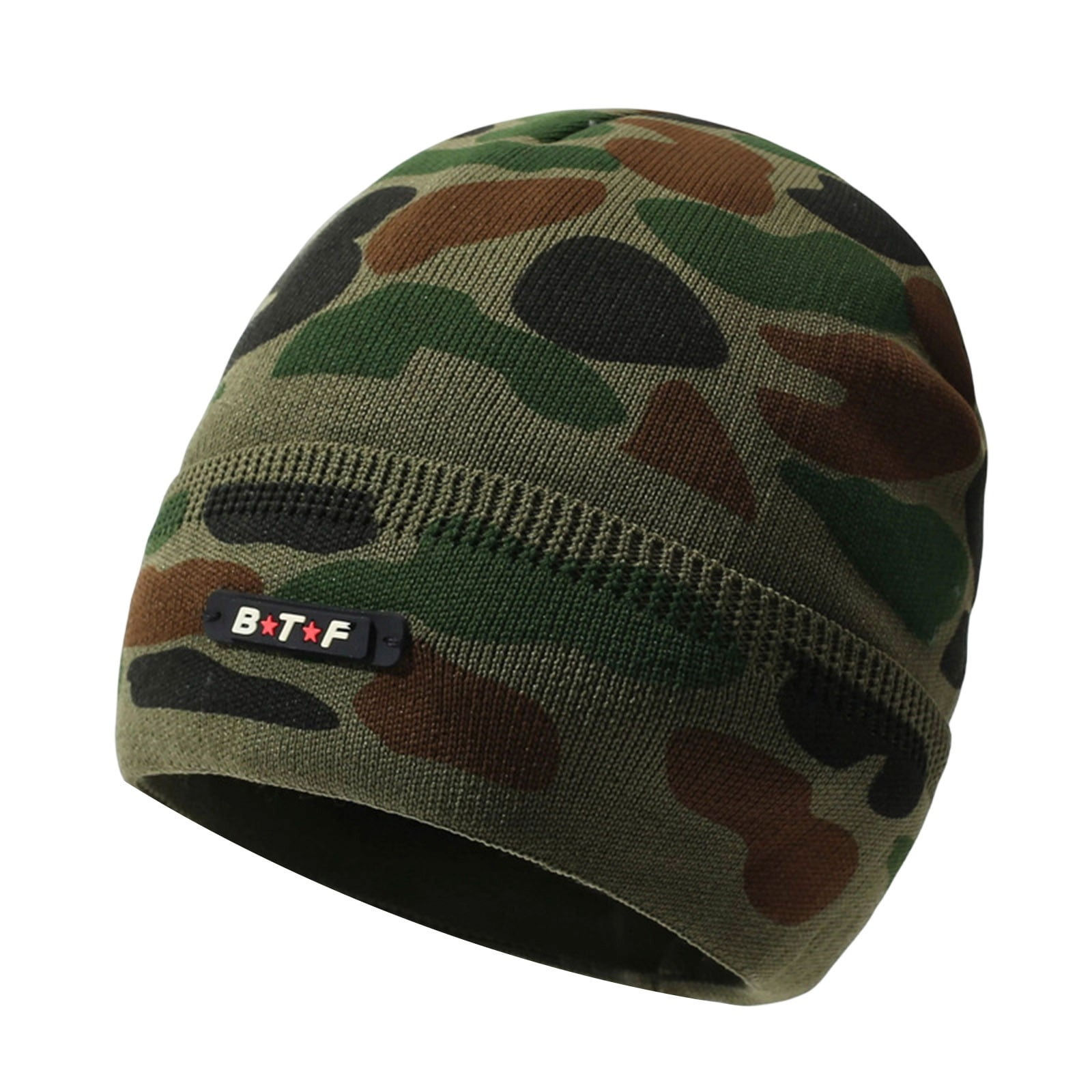 siminsem Tactical Camo Cuffed Winter Hat Mens Camouflage Knit Beanie Outdoor Hunting Cycling Skull Cap with BTF Label Fleece Lined Warm Coffee One Size