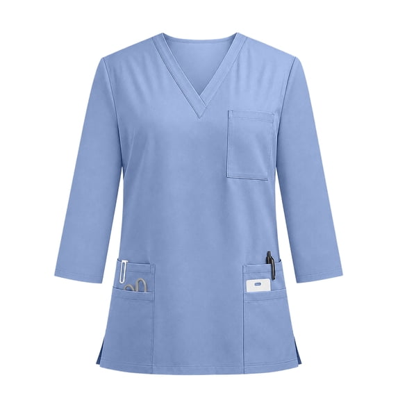 Women Solid 3/4 Sleeve Scrub Tops V Neck Multi Pocket Side Slit Nursing Uniform Medical Work Shirts for Healthcare Workers Blue 3XL