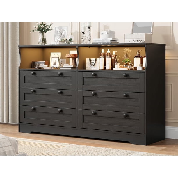 Yeshouse Cómoda Rústica para Dormitorio con Toma de Corriente y Luces LED, 6 Cajones, Negro