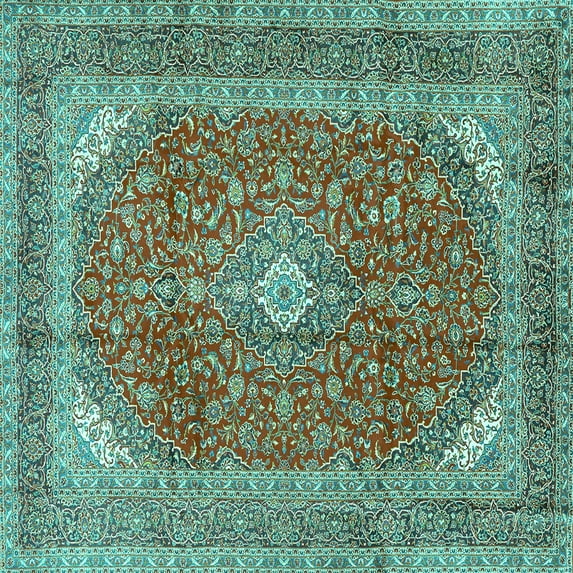 Ahgly Company Machine Washable Indoor Square Medallion Turquoise Blue Traditional Area Rugs, 8' Square