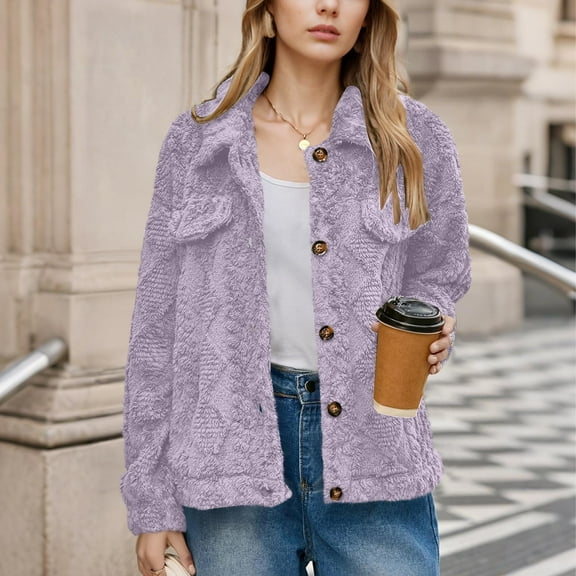 Timegard Winter Coats for Women Lapel Button down Fuzzy Fleece Loose Comfy Outwear Coats Solid Color