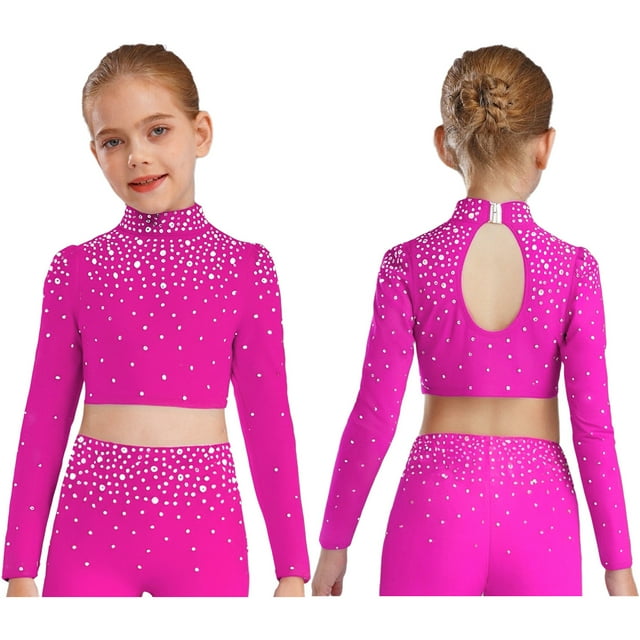 Doomiva Kids Girls Sparkly Tank Vest Shiny Rhinestone Lyrical Performance Costume Jazz Ballet Dance Crop Tops Hot Pink 12