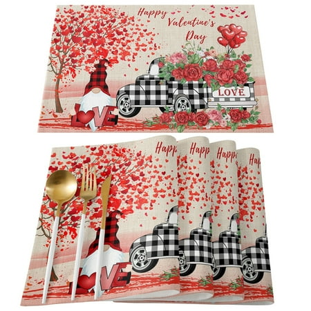 

4PCS Cotton Linen Valentine s Day Placemat Vintage Heart Shape Mat Farmhouse Banquet Placemat 11.8 x 17.7 inch