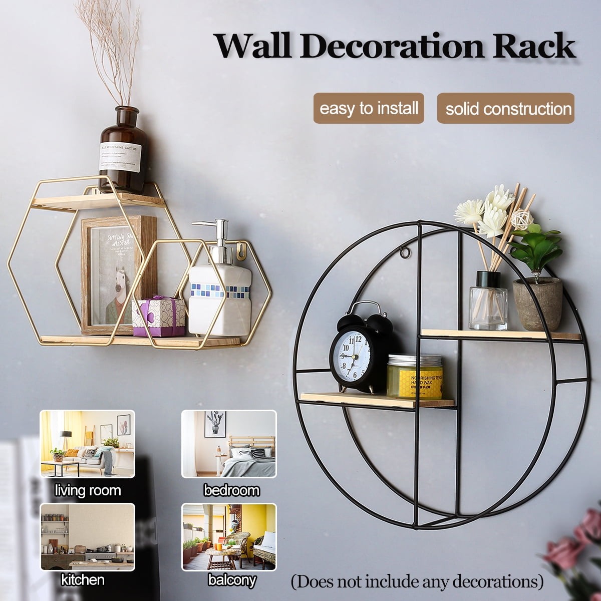 Metal & Wood Round/Double hexagon Design Grid Wall Shelf Industrial