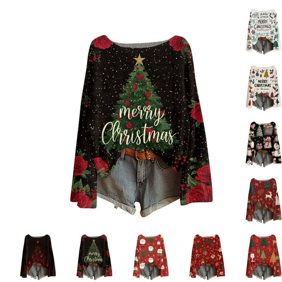 Women's Round Neck Lightweight Sweater Casual Long Sleeve Christmas Print Knit Pullover for Fall and Winter, Merry Christmas Design, Cozy and Festive, Great as Christmas Sweaters for Women ,Beige,L