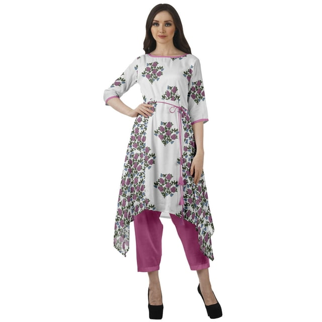 Moomaya Printed Traditional Clothing Womens Asymmetric Kurti Kurta With Pant Set