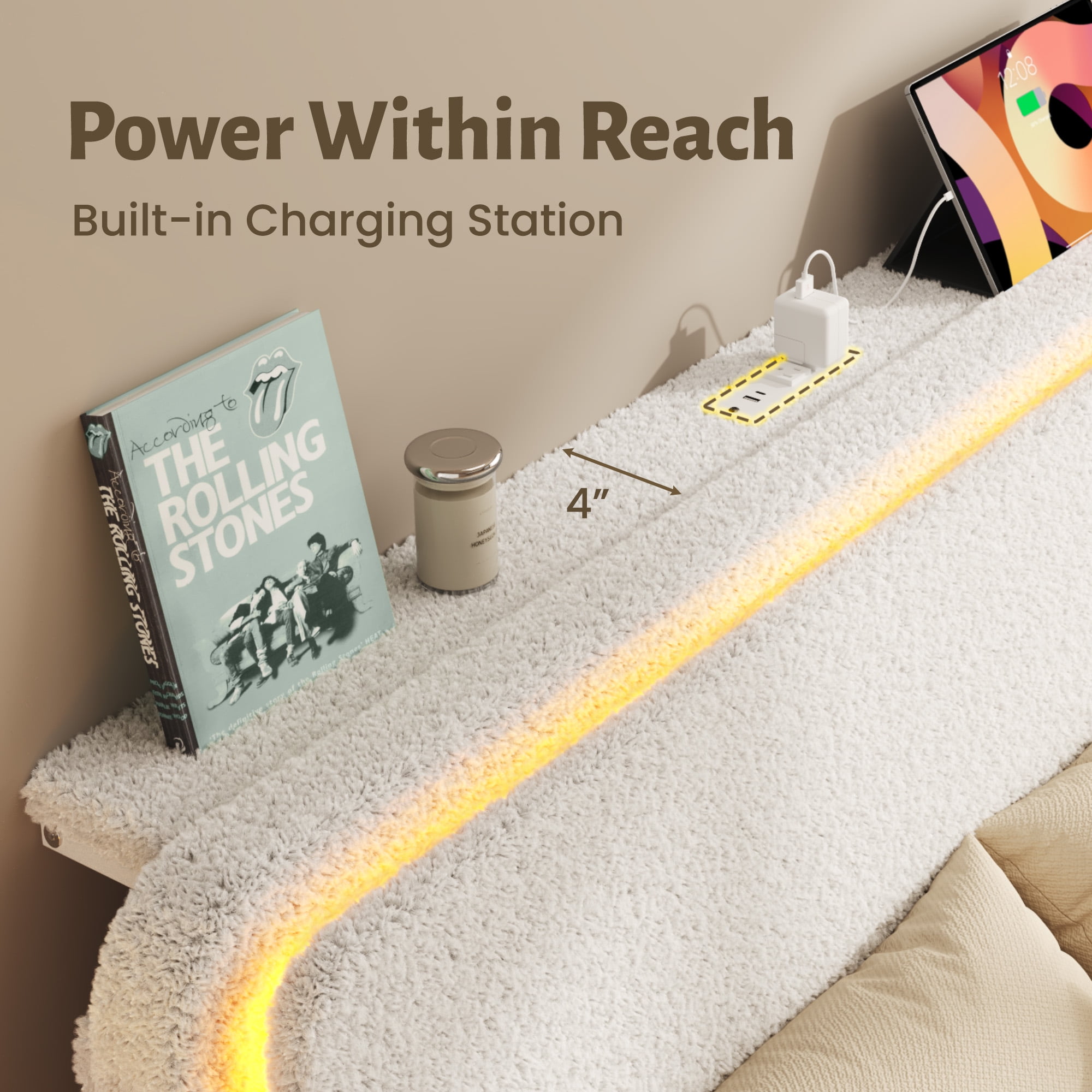 Fluest Queen Size Boucle Upholstered Bed Frame, Cloud Headboard, Built-in Charging Station & LED Lights, Beige, No Box Spring Needed