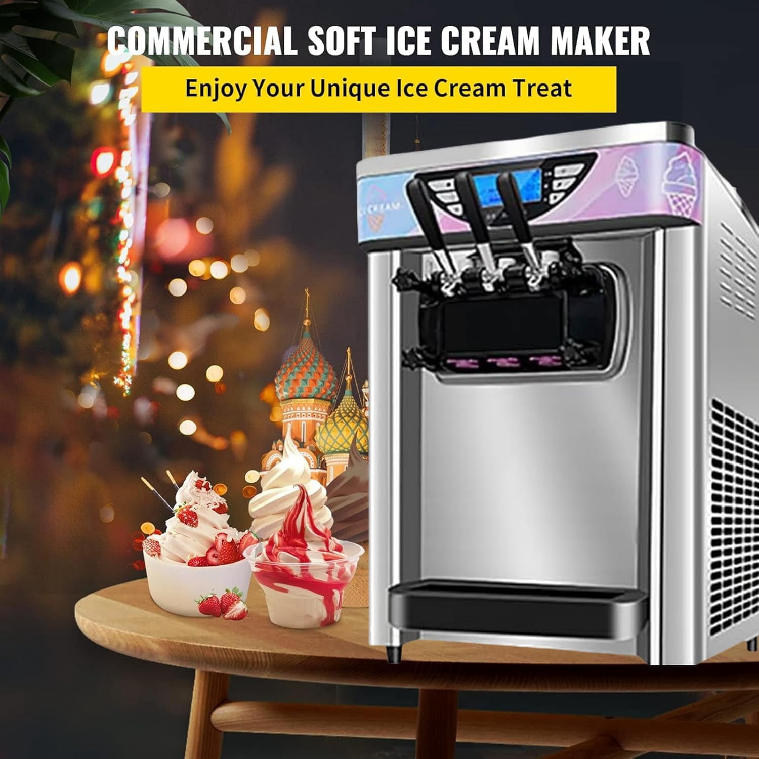 IdealHouse 1800W Commercial Ice Cream Machine 2+1 Flavors, 5.8-7.9 Gal/Hr Soft Serve Ice Cream Maker with Auto Clean Function, LED Display, Easy Operation High Productivity
