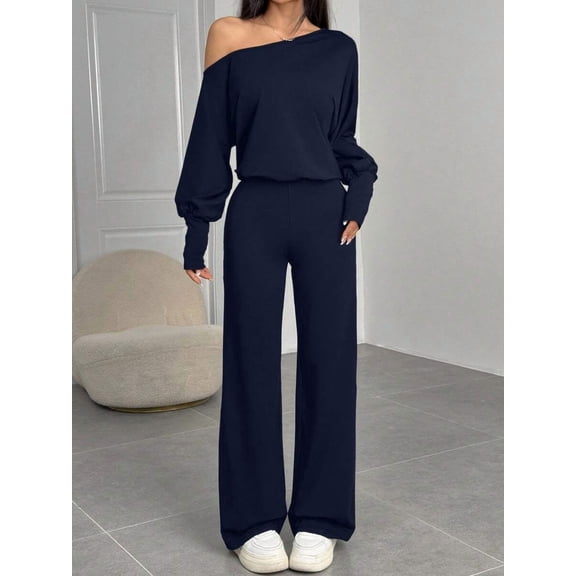Women Off Shoulder Long Sleeve Wide Leg Jumpsuit Casual Daily Going Out Outfit