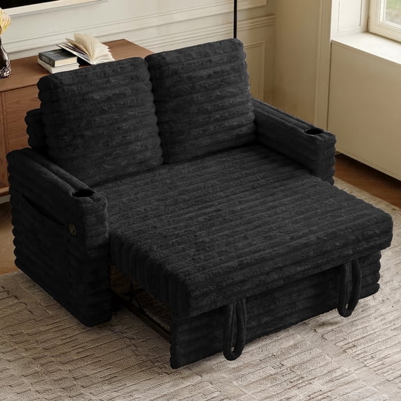 Rophefx 3-in-1 Convertible Sofa Bed,Corduroy Pull Out Sleeper Sofa Bed Sofa Couch with Cup Holders,USB Ports, Adjustbale Backrest,Side Pockets for Living Room Bedroom Apartment Small Space,Black