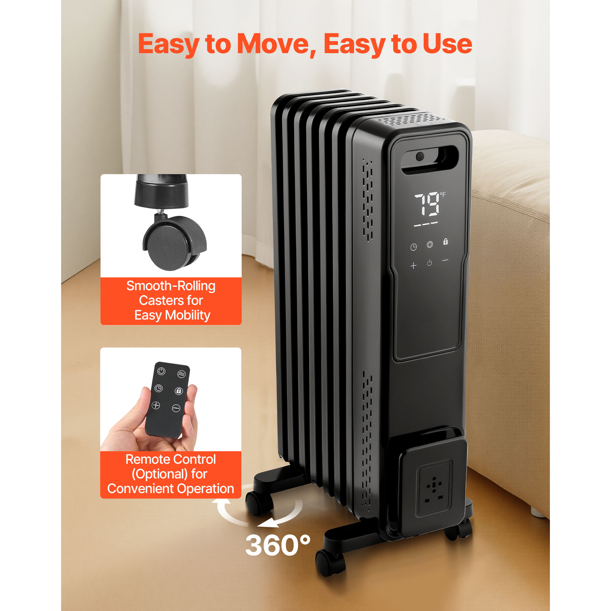 KFFKFF Electric Oil-Filled Radiator, 1500W Space Heater with Dual U-Shaped Heating Elements, Safety Features, Adjustable Heat Levels, 24-Hour Timer, Wheels for Mobility, Remote Control, Black