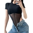 thumbnail image 4 of Franhais Sheer Spliced Bodysuits Women Leotard Top Summer Short Sleeve Bodycon Shirt Bodysuit Vintage Body Top（S-L）, 4 of 9