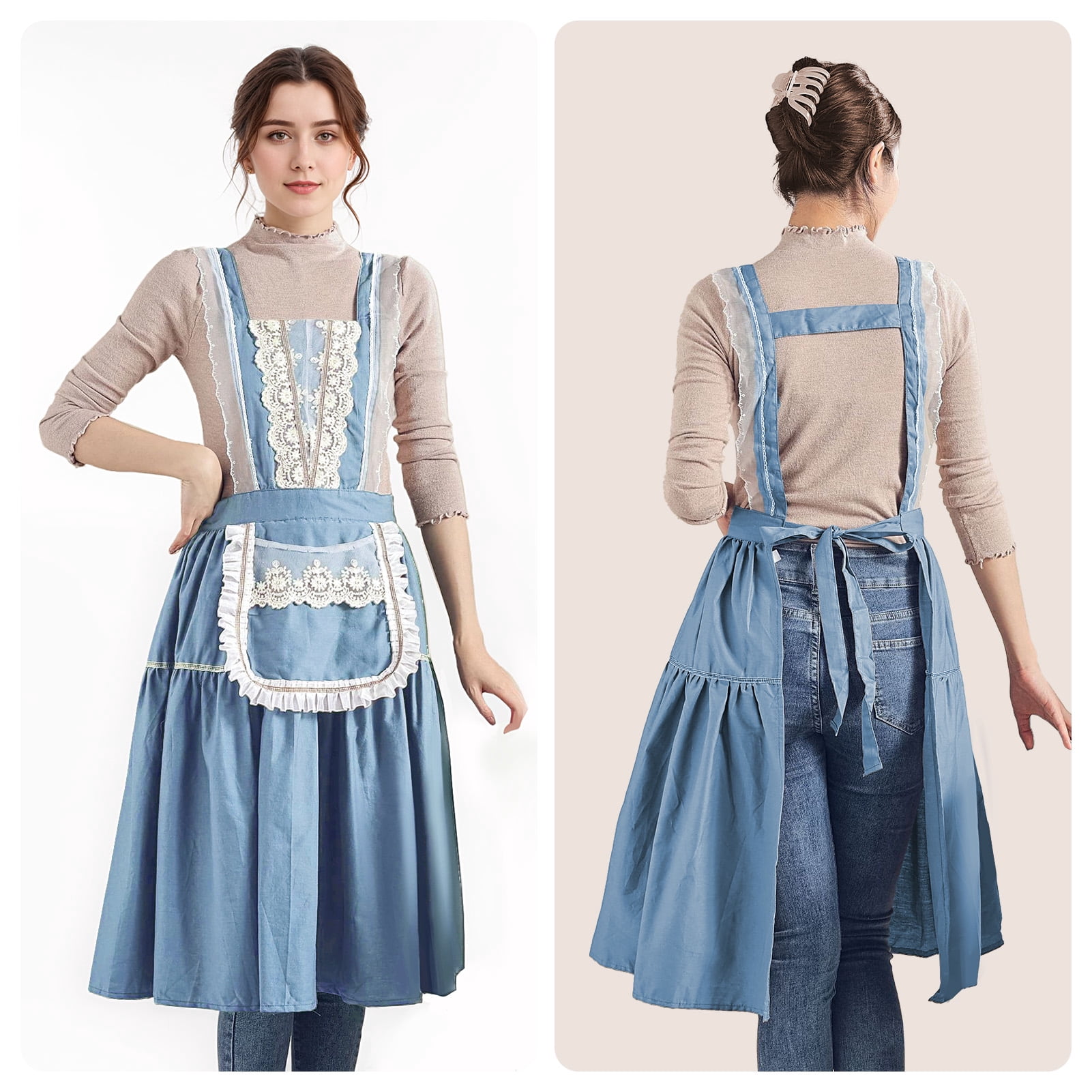 FEOYA Cotton Apron for Women Kitchen Apron Vintage Pinafore Apron Dress Chef Lace Aprons with Pockets for Cooking Baking Gardening Work Cake Blue