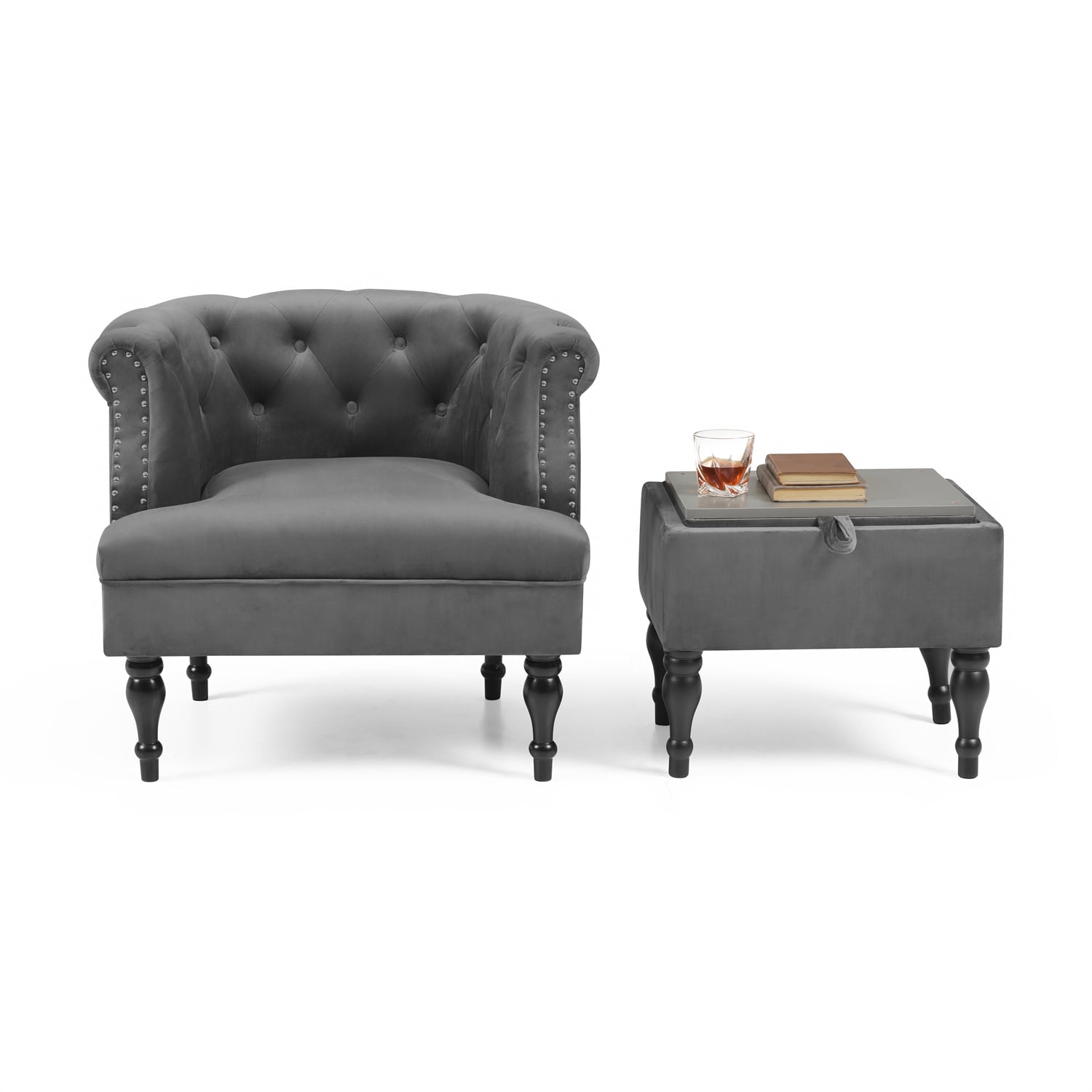 Accent Chair with Ottoman, Modern Button Tufted Velvet Upholstered