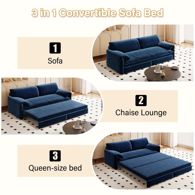 Convertible Queen Size Pull Out Sofa Bed, 3-in-1 Velvet Sleeper Sofa with Side Pocket, Modern 63.8'' Futon Couch for Living Room, Apartment
