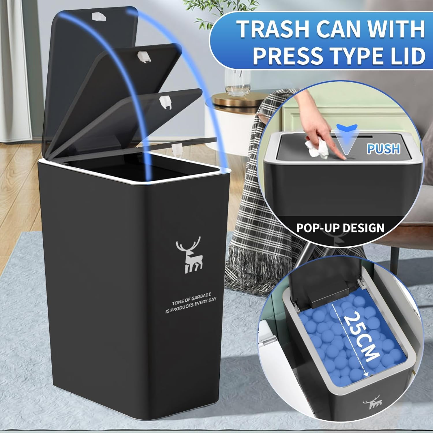 TEXIJUSO Trash Can with Lid, 2 Pack 4 Gallons/15 L Garbage Can with Press Top, Small Trash Can Dog Proof, Plastic Trash Bin, Waste Basket for Bathroom Kitchen Bedroom Office Living Room Study (Black)