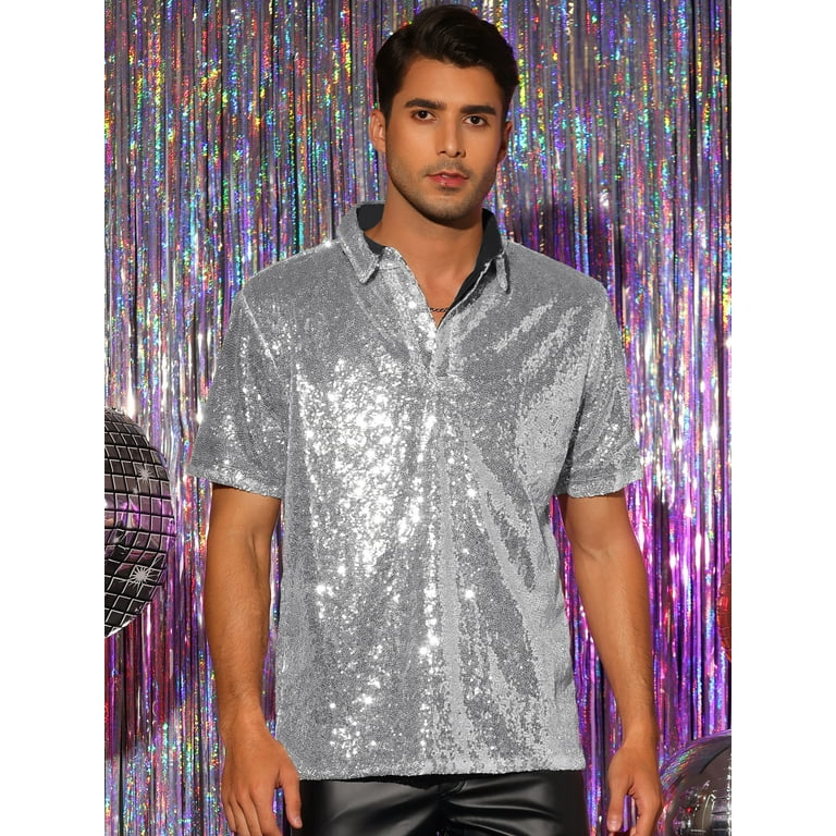 Unique Bargains Men's Sequin Polo Sparkle Short Sleeves Club Unique Bargains Men's Sequin Polo Sparkle Short Sleeves Club