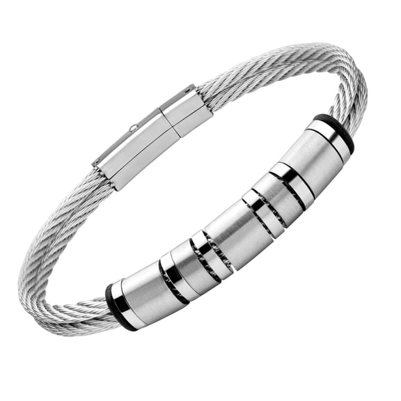 555Jewelry Elegant Stainless Steel Flexible Dual Row Twisted Cable Wrist Bracelet for Men, 8.25 Inch, Silver