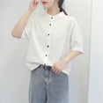 thumbnail image 4 of Cmfcve Women's Summer Tee Shirt Classic Button Gauze Blouses Round Neck Short Sleeve Business Work Tops, 4 of 5