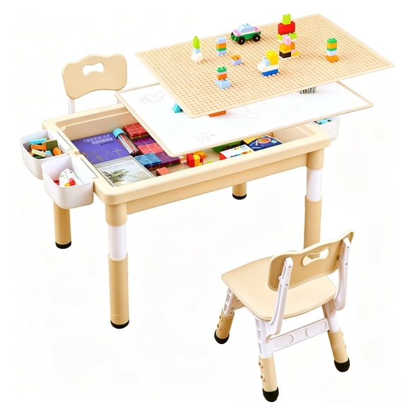 4-in-1 Toddler Activity Table with 2 Chairs, Double Sided Tabletop for Graffiti & Building Blocks, Kids Play Set with Four Side Storage Bins, Brown