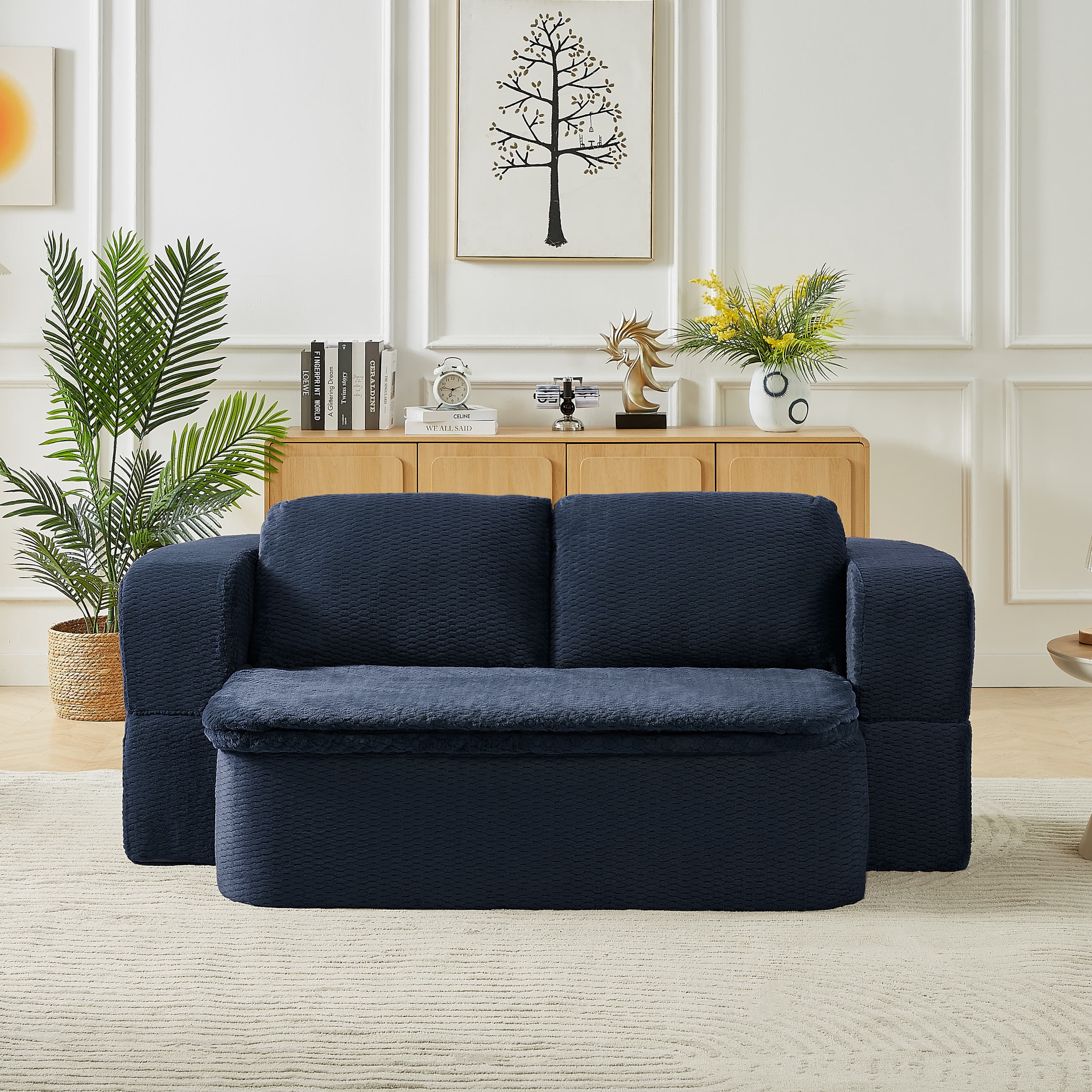 MAYEERTY Convertible Plush Sofa Bed, Modern Folding Compression Sleeper Couch for Living Room, 75*41*26"Dark Blue