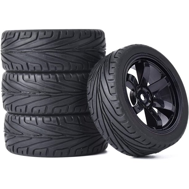 LINLIN 4 piezas de neumáticos de goma para coche RC y llantas de plástico compatibles con coches de carreras de turismo en carretera a escala 1/10 Traxxas HSP HPI Tamiya Sakura