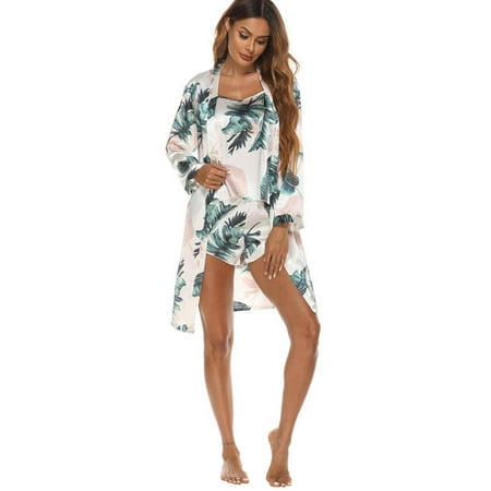 

3pcs/set Womens Pajamas Sets Floral Print Lingerie Satin Sleepwear Cami Shorts Rope Set