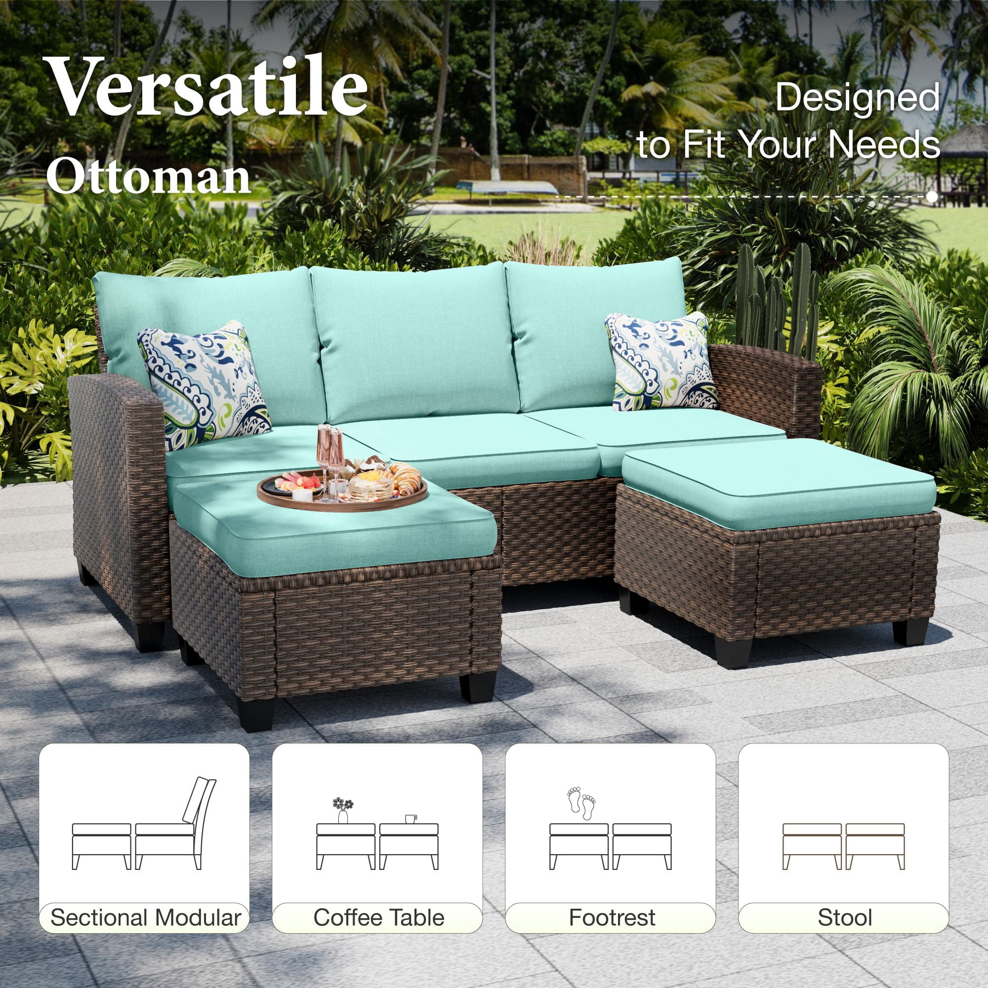 MF Studio 7-Seat Outdoor Patio Conversation Set Wicker Furniture Sofa Set Blue